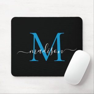 Girly-skript för Modern Black Blue Monogram Elegan Musmatta