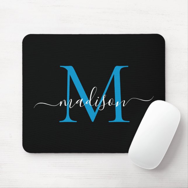 Girly-skript för Modern Black Blue Monogram Elegan Musmatta (Med mus)