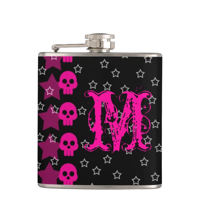 Girly Skull EMO Punk Rocker Monogram Whiskey-kolv Fickplunta (Framsidan)