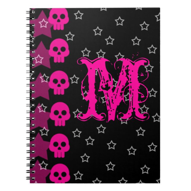 Girly Skull EMO-skräppostmonogram inledande anmärk Anteckningsbok Med Spiral (Framsidan)