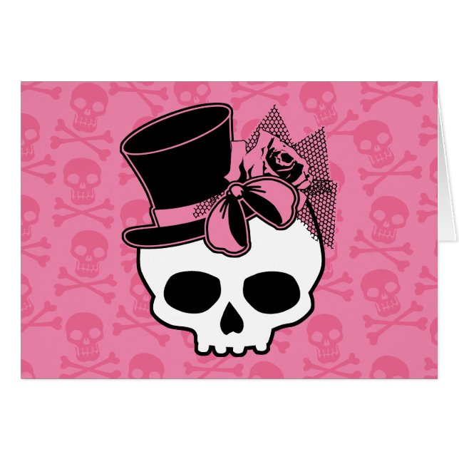 Girly Skull med Hat och Rosa Bow Hälsningskort (Framsidan Horizontal)