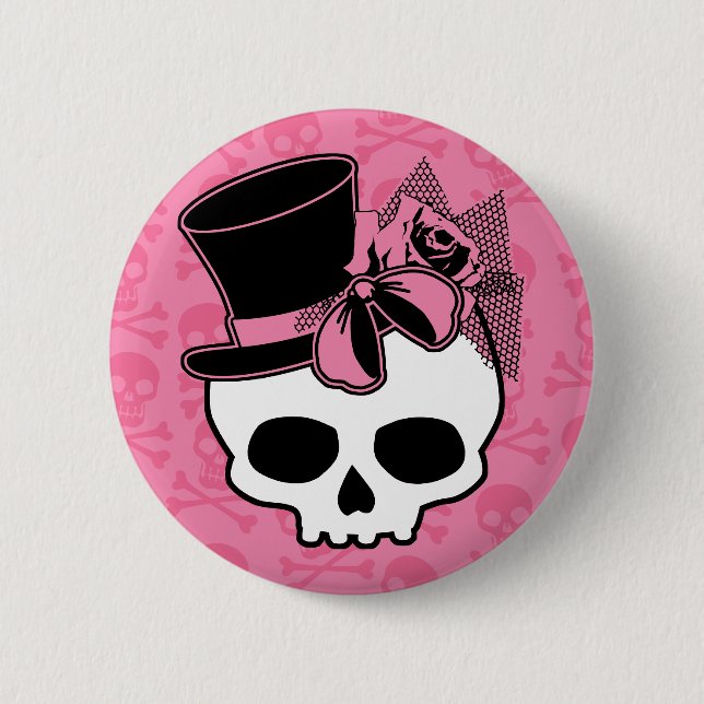 Girly Skull med Hat och Rosa Bow Knapp (Framsida)