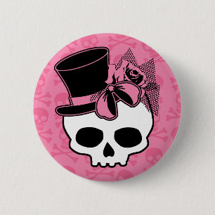 Girly Skull med Hat och Rosa Bow Knapp