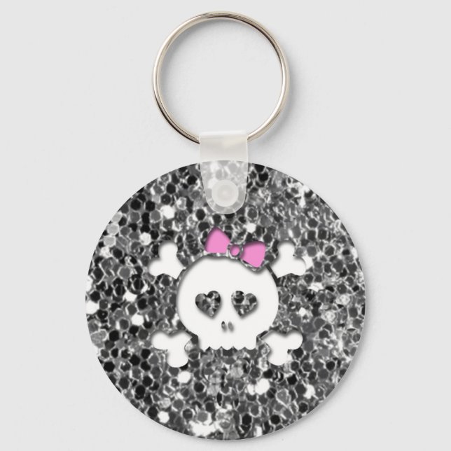 Girly Skull med Rosa Bow på Silver Glitter Nyckelring (Framsida)