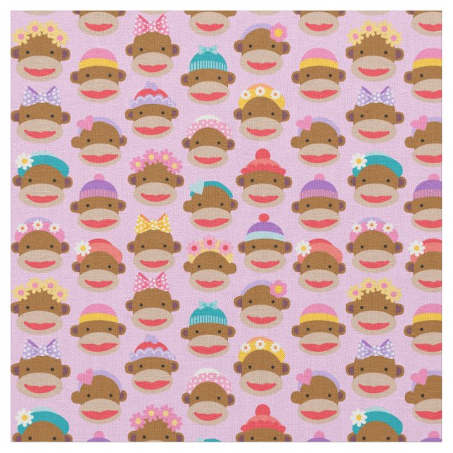 Girly Sock Monkeys Fabric, Pink Tyg (Närbild)