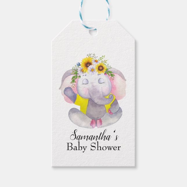Girly Solros Baby Elephant Baby Shower Presentetikett (Framsidan)