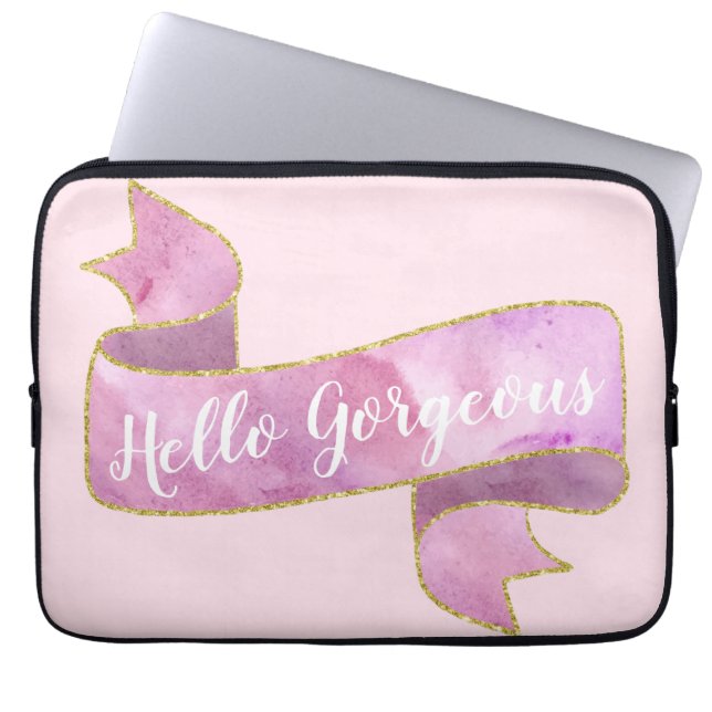 Girly Söt  Rosa Hej Gorgous Guld Ribbon Laptop Fodral (Framsidan)
