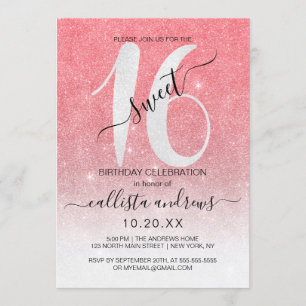 Girly Sparkly Coral White Glitter Ombre Sweet 16 Inbjudningar