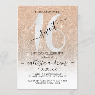 Girly Sparkly Guld White Glitter Ombre Sweet 16 Inbjudningar