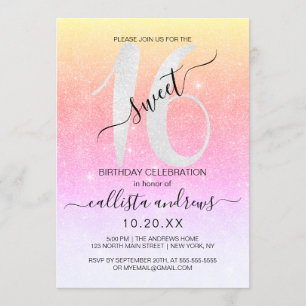 Girly Sparkly Rainbow Glitter Ombre Sweet 16 Inbjudningar