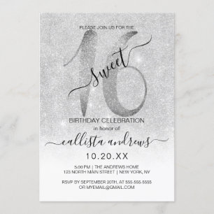 Girly Sparkly Silver White Glitter Ombre Sweet 16 Inbjudningar
