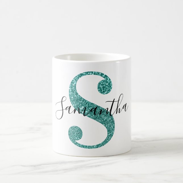 Girly Sparkly Teal Glitter Brev S Monogram Kaffemugg (Center)