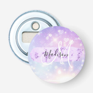 Girly Sparkly Unicorn Rainbow Hearts Monogram Flasköppnare