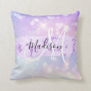 Girly Sparkly Unicorn Rainbow Hearts Monogram Kudde