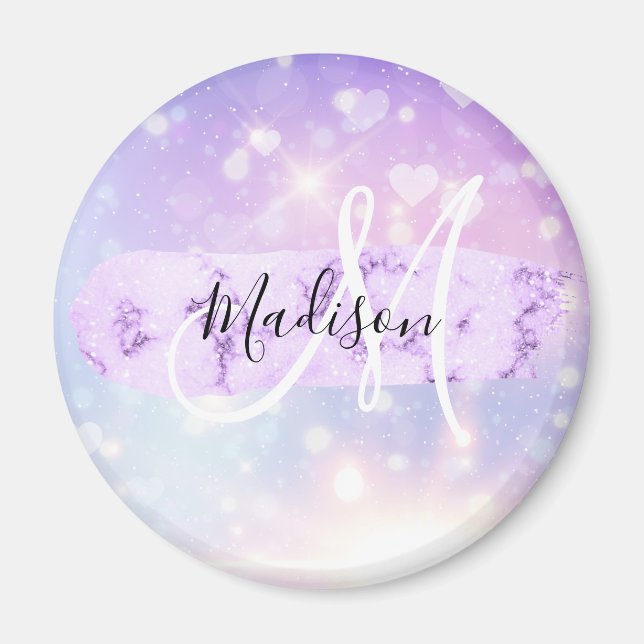 Girly Sparkly Unicorn Rainbow Hearts Monogram Magnet (Framsidan)