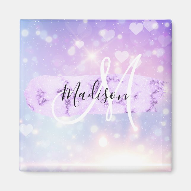 Girly Sparkly Unicorn Rainbow Hearts Monogram Magnet (Framsidan)