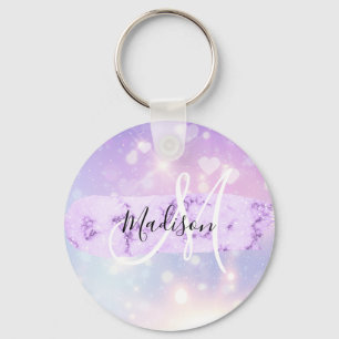 Girly Sparkly Unicorn Rainbow Hearts Monogram Nyckelring