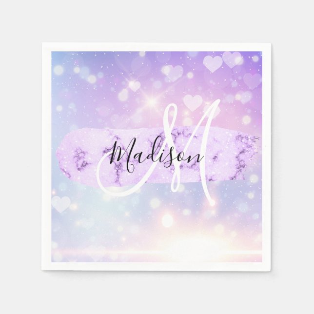 Girly Sparkly Unicorn Rainbow Hearts Monogram Pappersservett (Framsidan)