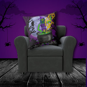 Girly Spooky Grönt Witch Cauldron Magic Blue Mån Kudde