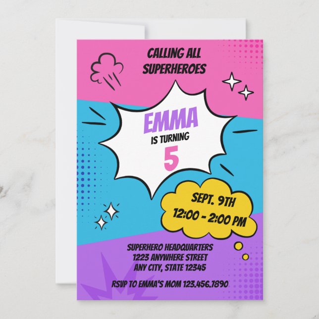 Girly Superhjälte Birthday Inbjudningar (Framsida)