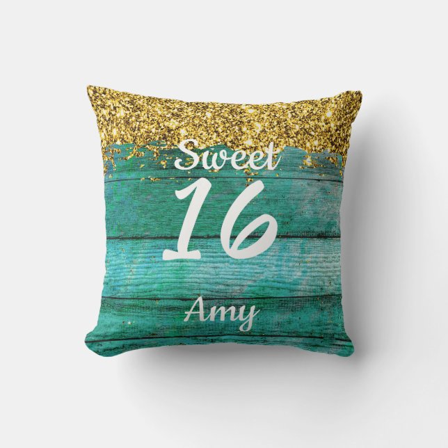 Girly Sweet 16 Turquise Guld Glitter Namn Kudde (Framsida)