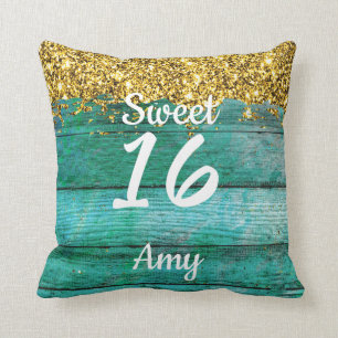 Girly Sweet 16 Turquise Guld Glitter Namn Kudde