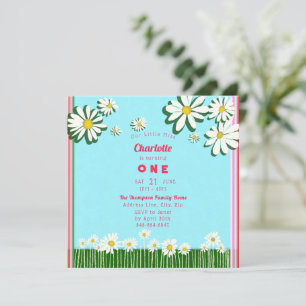 Girly Sweet Daisy Fält Rosa Grönt Teal Birthday Inbjudningar