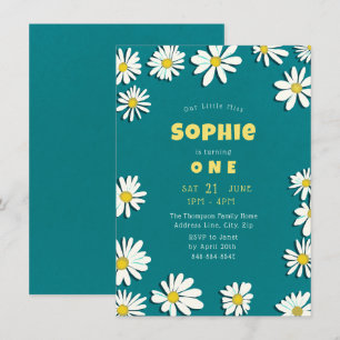 Girly Sweet Daisy Gult Teal First Birthday Inbjudningar