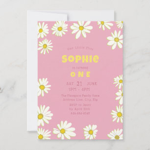 Girly Sweet Daisys Bubblegum Rosa First Birthday Inbjudningar