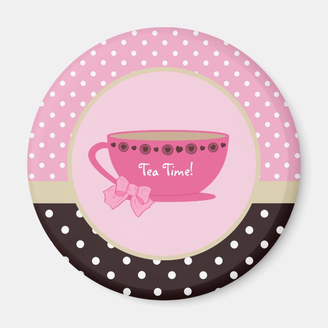 Girly Tea Time Tekopp Rosa och Brown Polka Dot Bow Magnet (Framsidan)