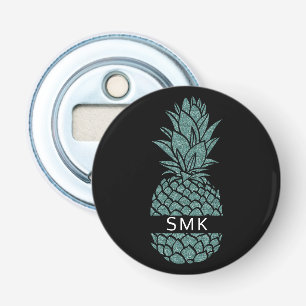 Girly Teal and Black Glitter Pineapple Monogram Flasköppnare
