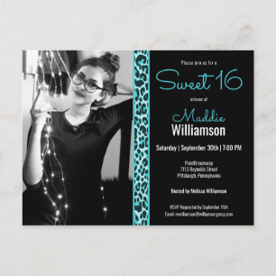 Girly Teal/Black Leopard Photo Sweet 16-inbjudan Vykort