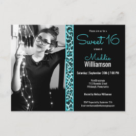 Girly Teal/Black Leopard Photo Sweet 16-inbjudan Vykort