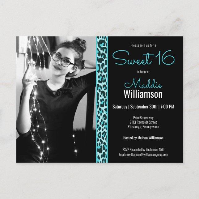 Girly Teal/Black Leopard Photo Sweet 16-inbjudan Vykort (Framsida)