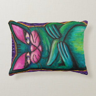 Girly Teal Cat in Oil Pastel on Lila Background Prydnadskudde