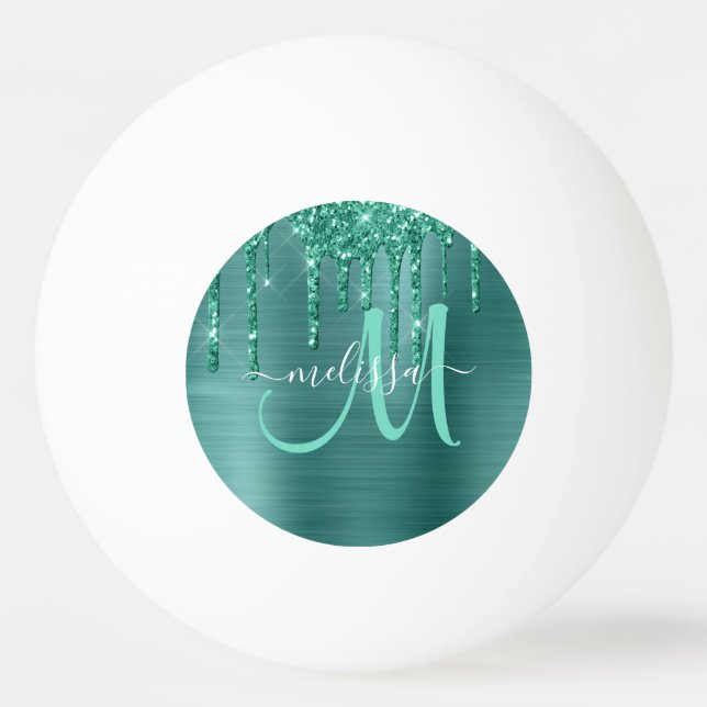 Girly Teal Expping Glitter Brushed Metall Monogram Pingisboll (Framsidan)