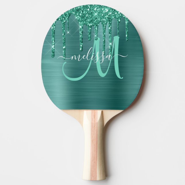 Girly Teal Expping Glitter Brushed Metall Monogram Pingisracket (Framsidan)