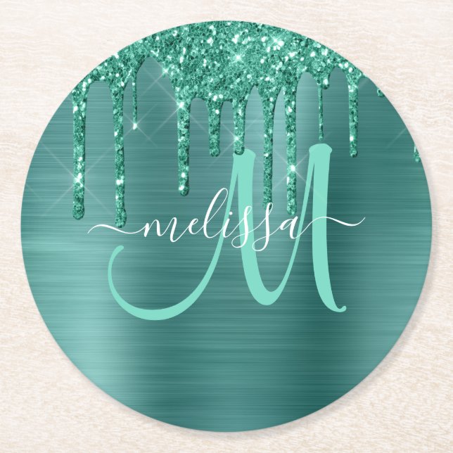 Girly Teal Expping Glitter Brushed Metall Monogram Underlägg Papper Rund (Framsidan)