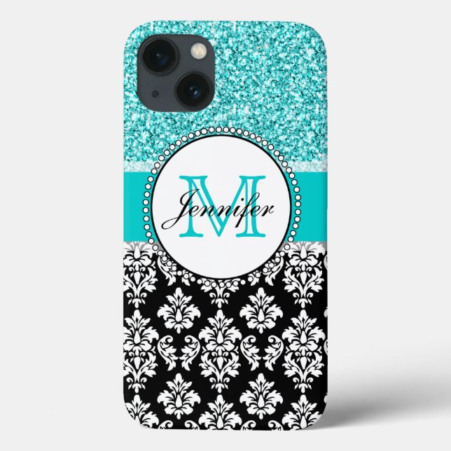 Girly, Teal, Glitter Black Damask Personlig (Baksida)