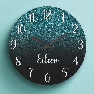 Girly Teal Glitter Black Ombre Stor Klocka