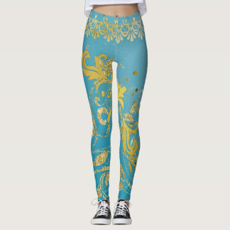 Girly Teal Glitter Guld Ombre Blue Leggings