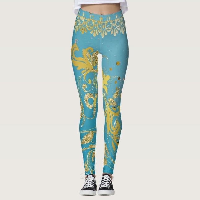 Girly Teal Glitter Guld Ombre Blue Leggings (Framsida)