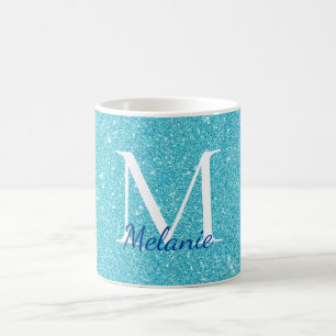 Girly Teal Glitter Monogram Namn Kaffemugg