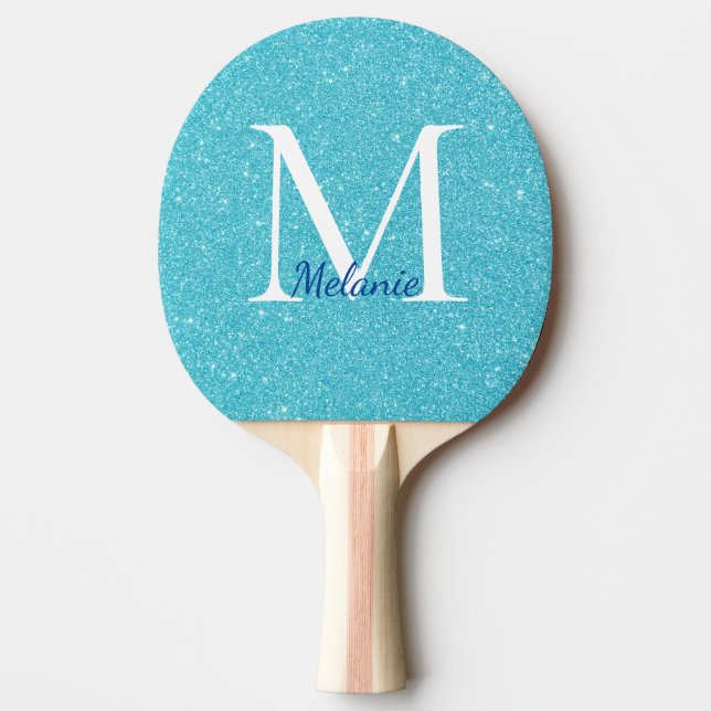 Girly Teal Glitter Monogram Namn Pingisracket (Framsidan)