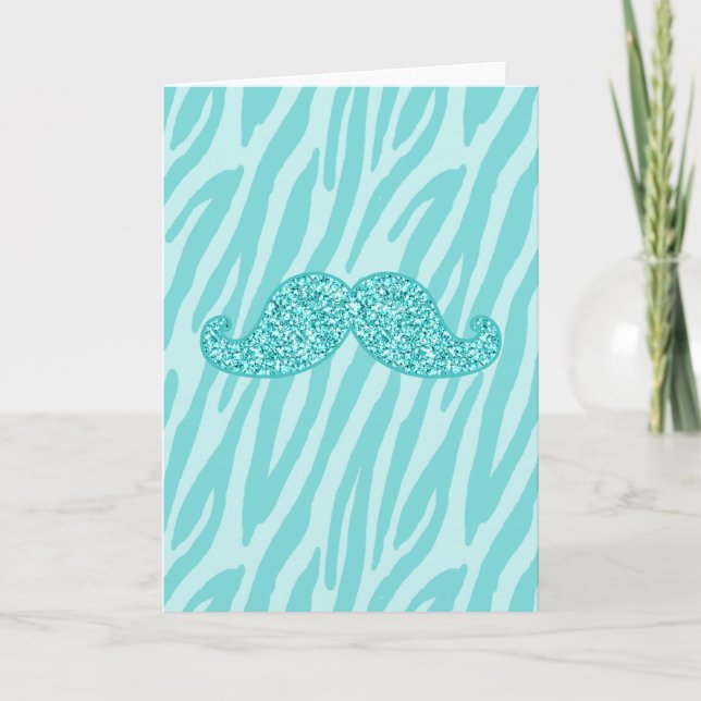 GIRLY TEAL GLITTER MUSTACHE ZEBRA RÄNDER KORT (Framsida)