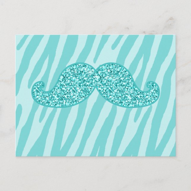 GIRLY TEAL GLITTER MUSTACHE ZEBRA RÄNDER VYKORT (Framsida)