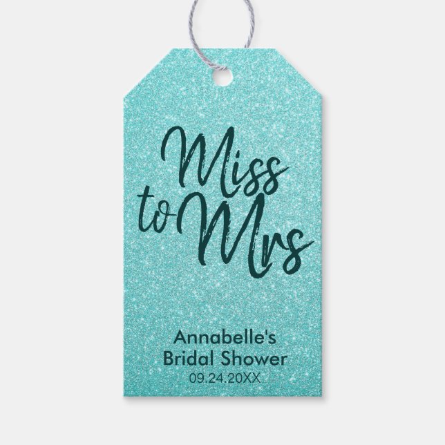 Girly Teal Grönt Glitter Miss till Mrs Möhippa Presentetikett (Framsidan)