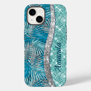 Girly teal grönt silver glitter löv monogram