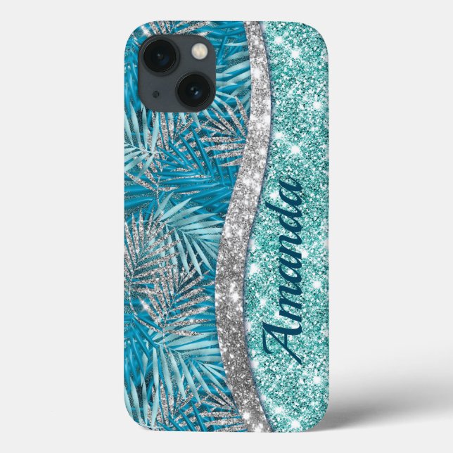 Girly teal grönt silver glitter löv monogram (Baksida)