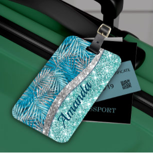 Girly teal grönt silver glitter löv monogram bagagebricka